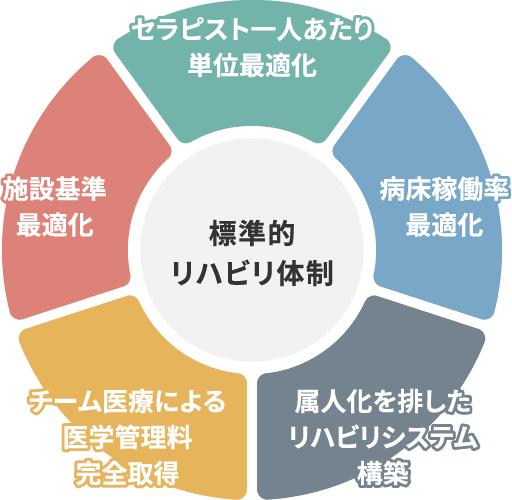 標準的リハビリ体制：セラピスト一人あたり単位最適化/病床稼働率最適化/属人化を排したリハビリシステム構築/チーム医療による医学管理科完全取得/施設基準最適化